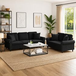 Your Ideal 2 Piece Black Velvet Sofa Set Awaits