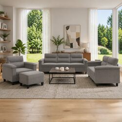 4 Piece Sofa Set Grey Microfibre Fabric Lounge Suite with Cushions Footstool