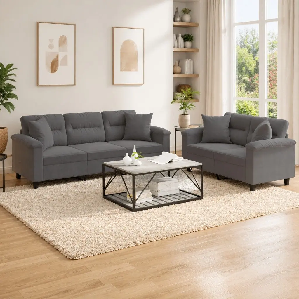 Sofa Set Grey Microfibre Fabric 2 Piece Lounge with Throw Pillows