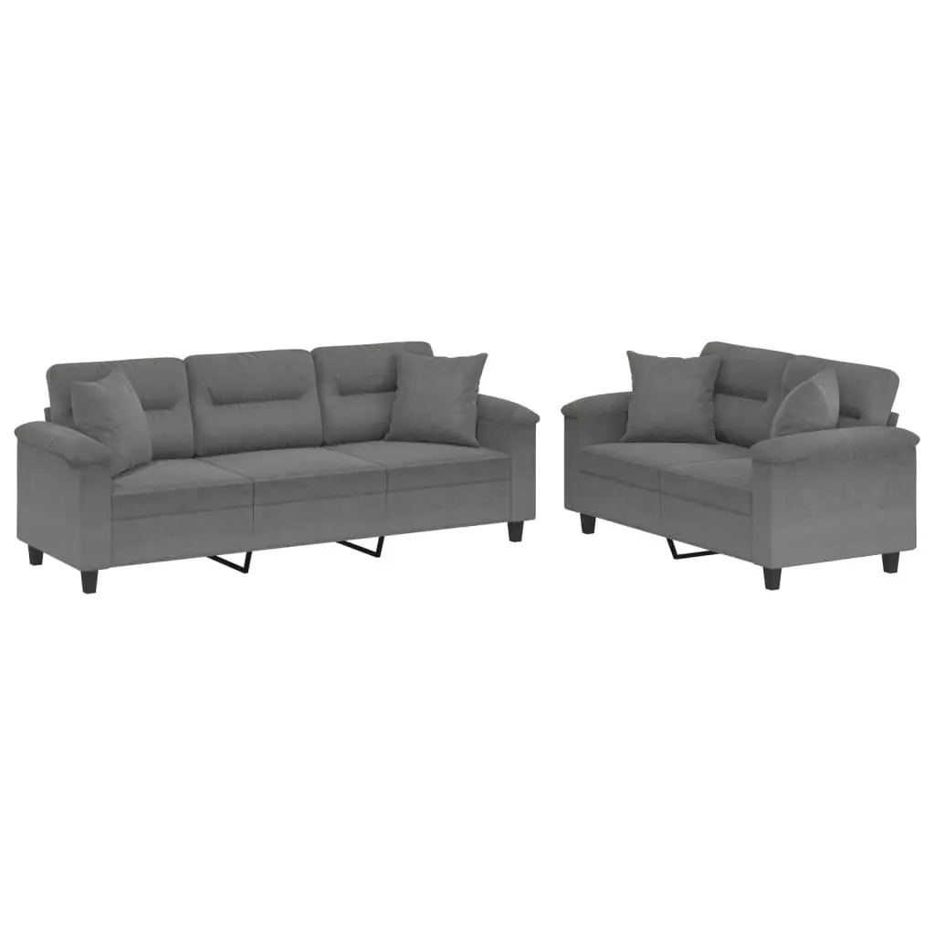 Sofa Set Grey Microfibre Fabric 2 Piece Lounge with Throw Pillows