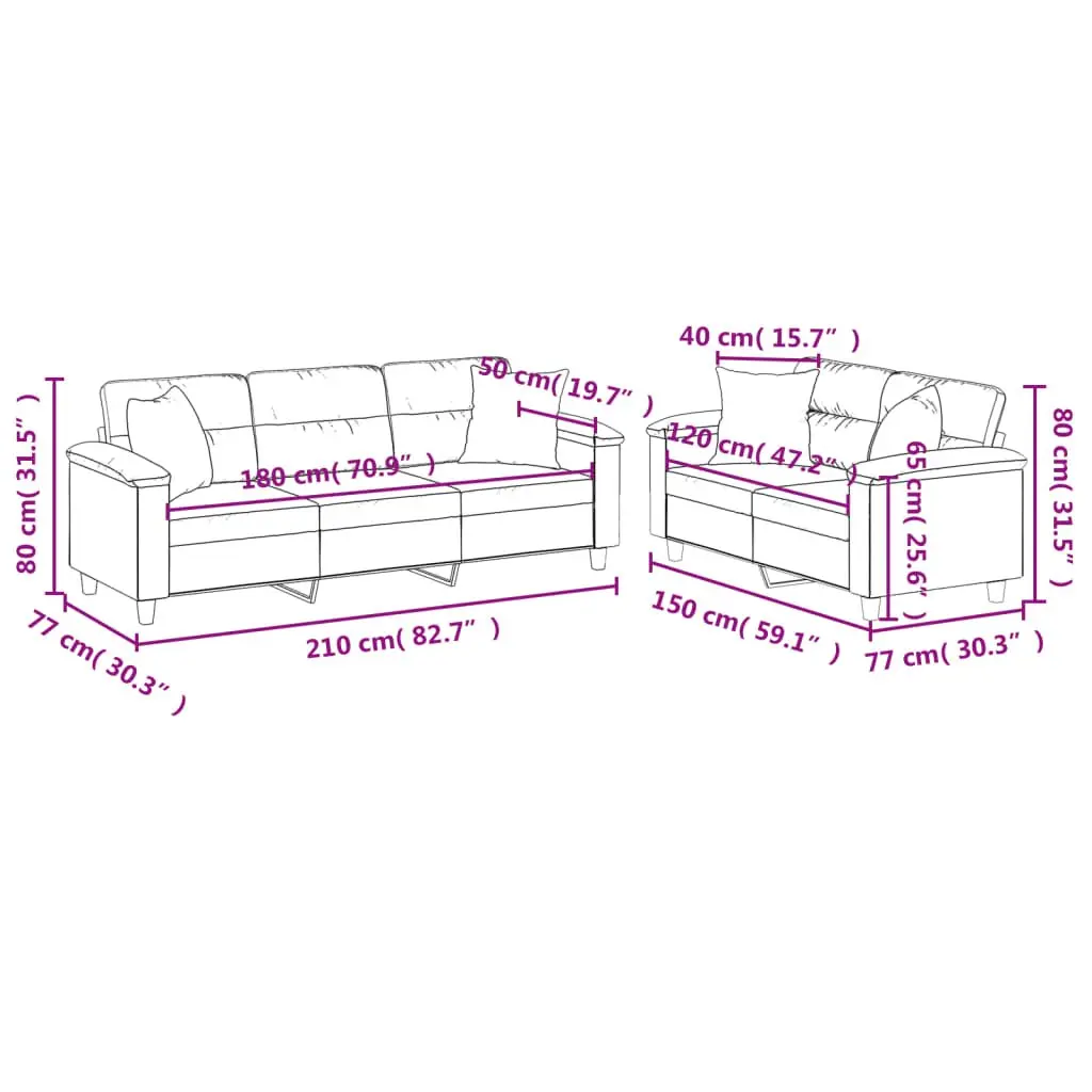 Sofa Set Grey Microfibre Fabric 2 Piece Lounge with Throw Pillows