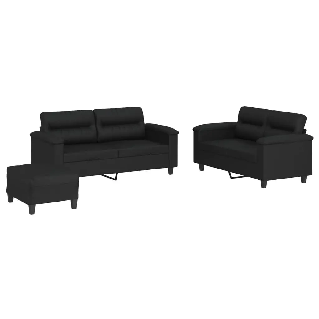 3 Piece Sofa Set with Cushions Footstool Black Faux Leather Living Room