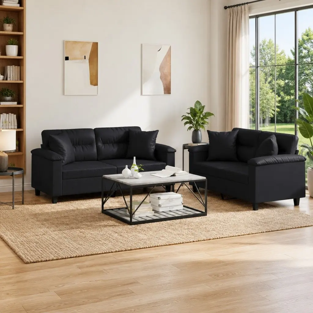 2 Piece Sofa Set with Throw Pillows Black Faux Leather Living Room Furniture