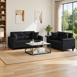2 Piece Sofa Set with Throw Pillows Black Faux Leather Living Room Furniture
