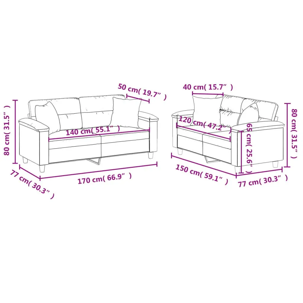 2 Piece Sofa Set with Throw Pillows Black Faux Leather Living Room Furniture