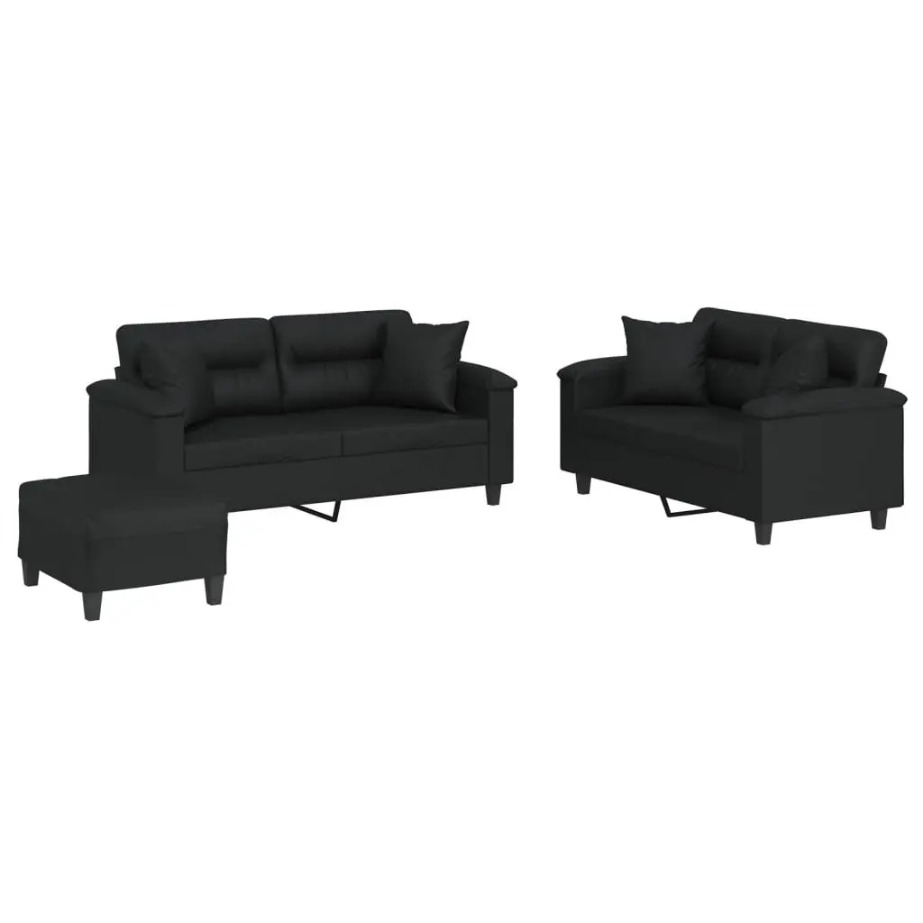 3 Piece Sofa Set Black Faux Leather Lounge Suite with Throw Pillows Footstool