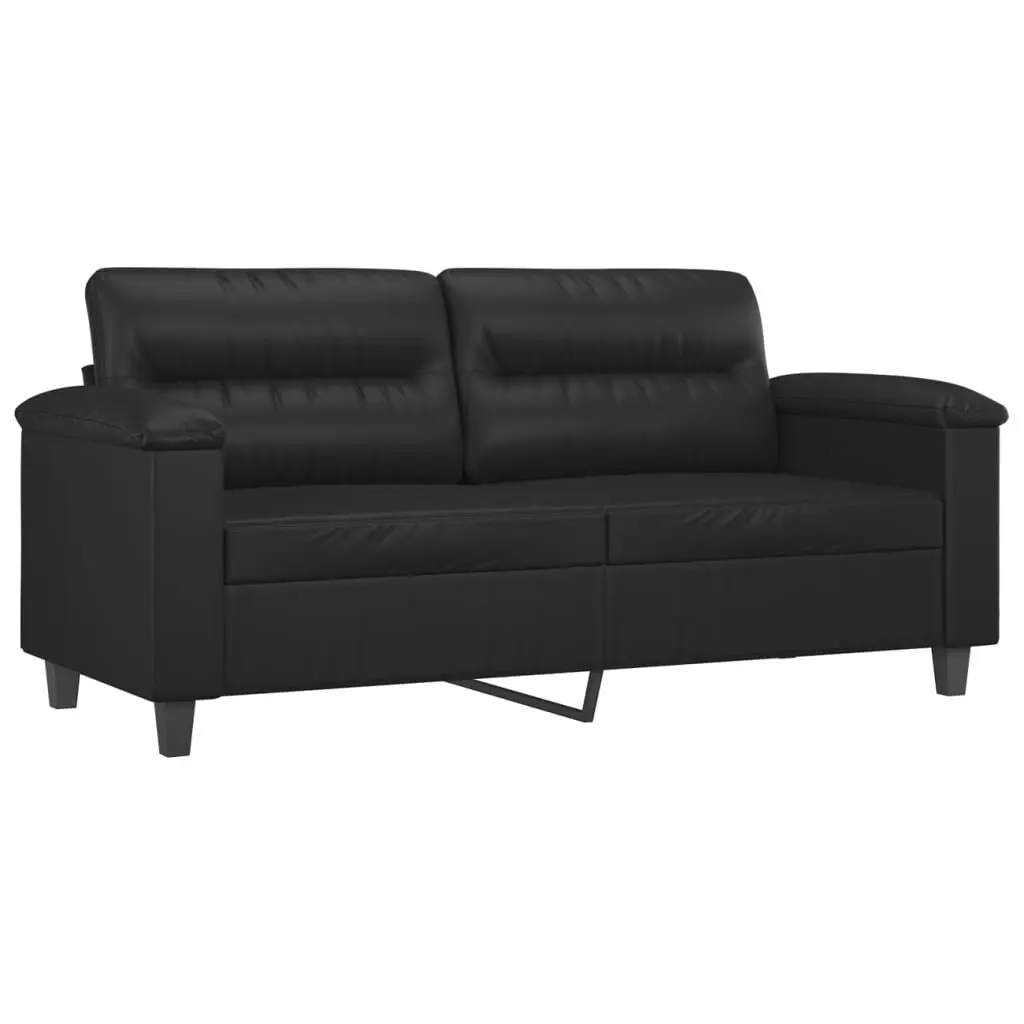 3 Piece Sofa Set Black Faux Leather Lounge Suite with Throw Pillows Footstool