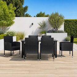 7 Piece Garden Dining Set Black Poly Rattan Steel Frame Tempered Glass Patio