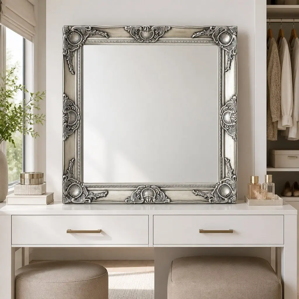 Wall Mirror Baroque Style Silver Frame 60x60 cm Ornate Decor Home Living Room