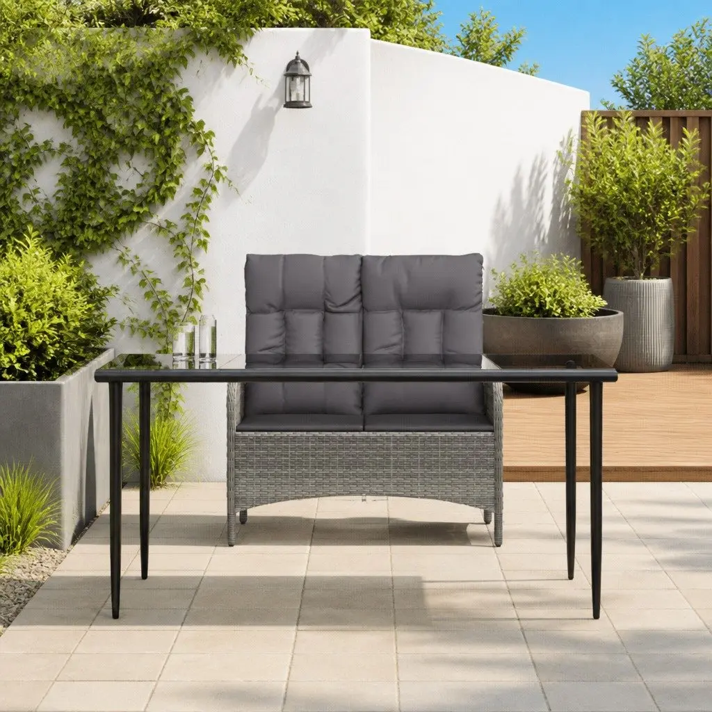 Grey Poly Rattan Dining Set 2 Piece Outdoor Table with Adjustable Bench and Cushions