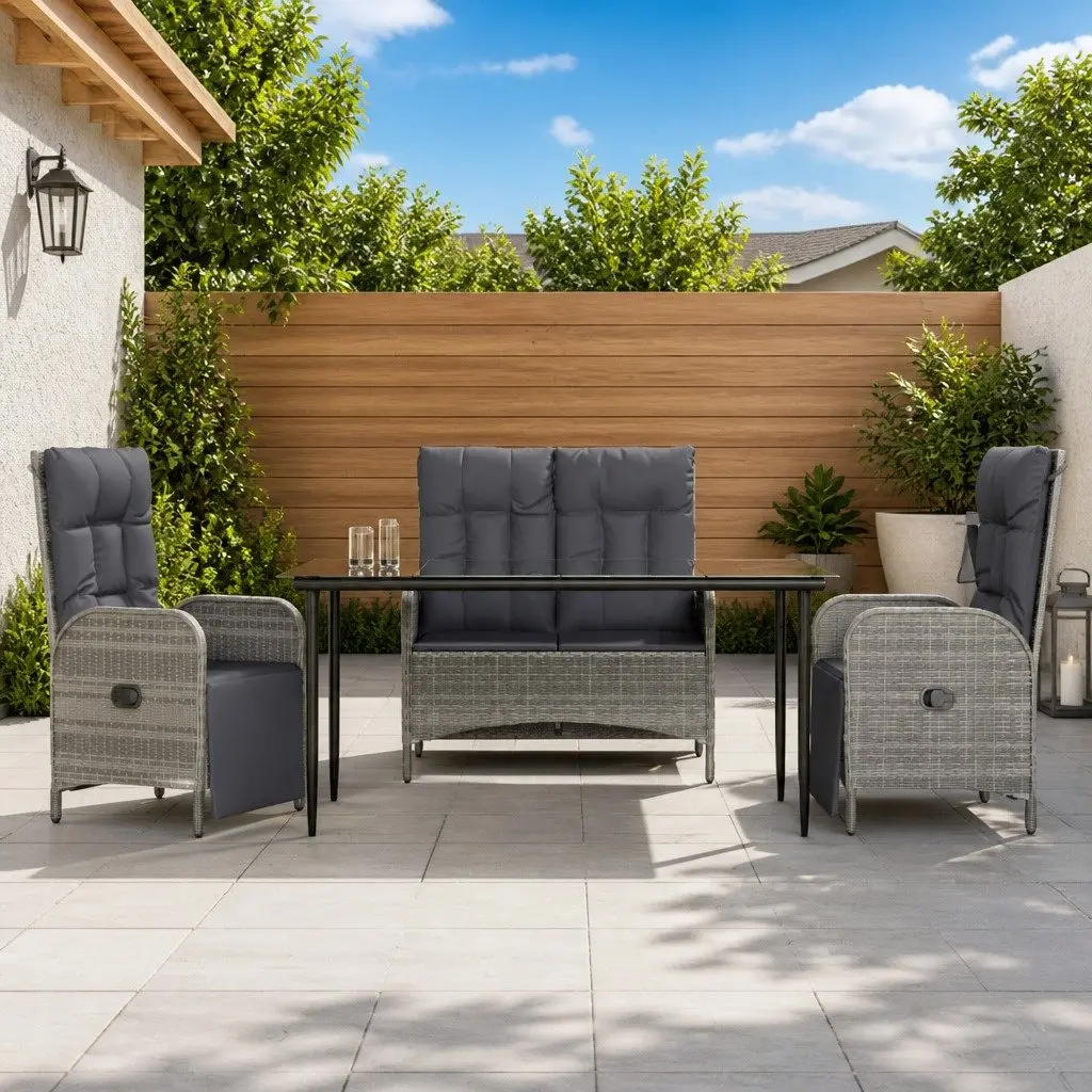 Garden Dining Set Grey Poly Rattan 4 Piece Outdoor Furniture Table Bench Chairs
