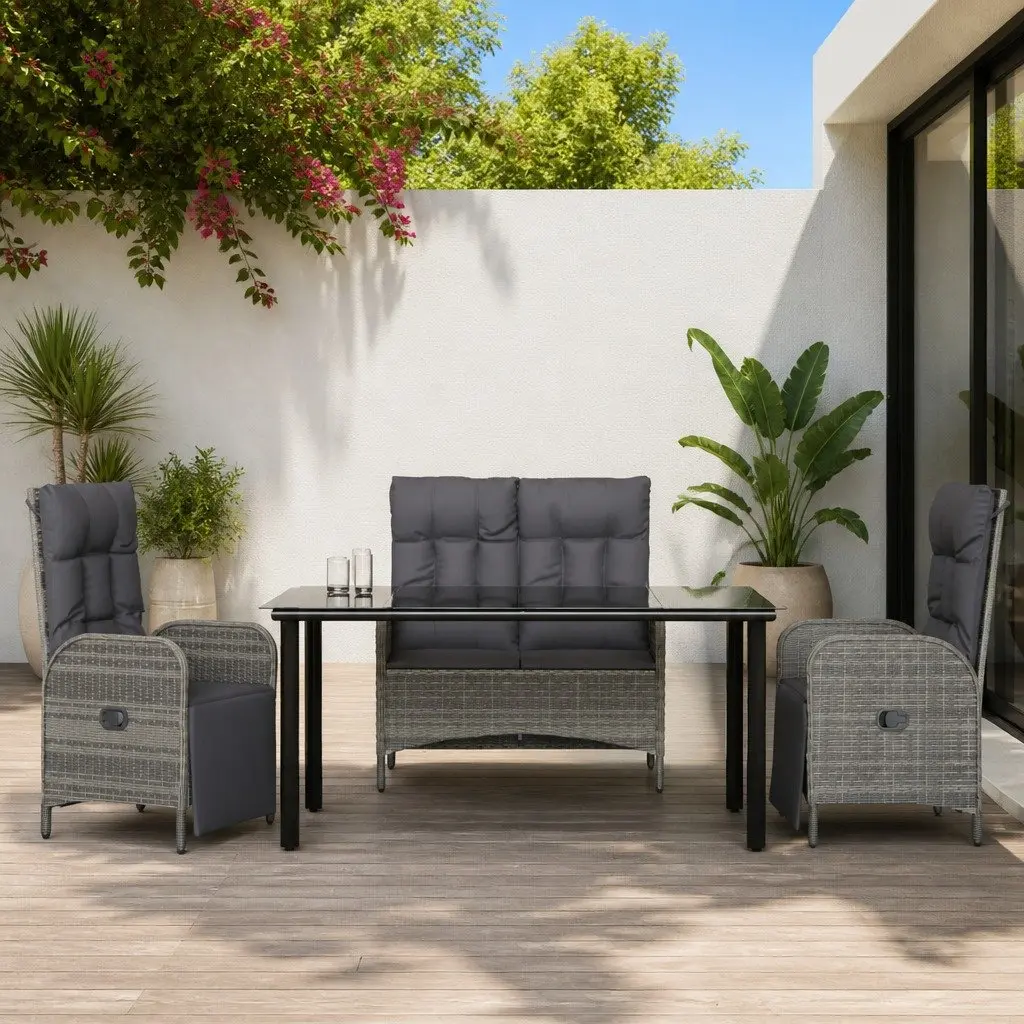 Garden Dining Set Grey Poly Rattan Outdoor Furniture 4 Piece with Cushions and Adjustable Backrest