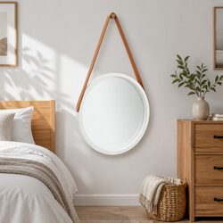 Round Wall Mirror 40cm White Wooden Frame Hanging Strap Bedroom Living Room