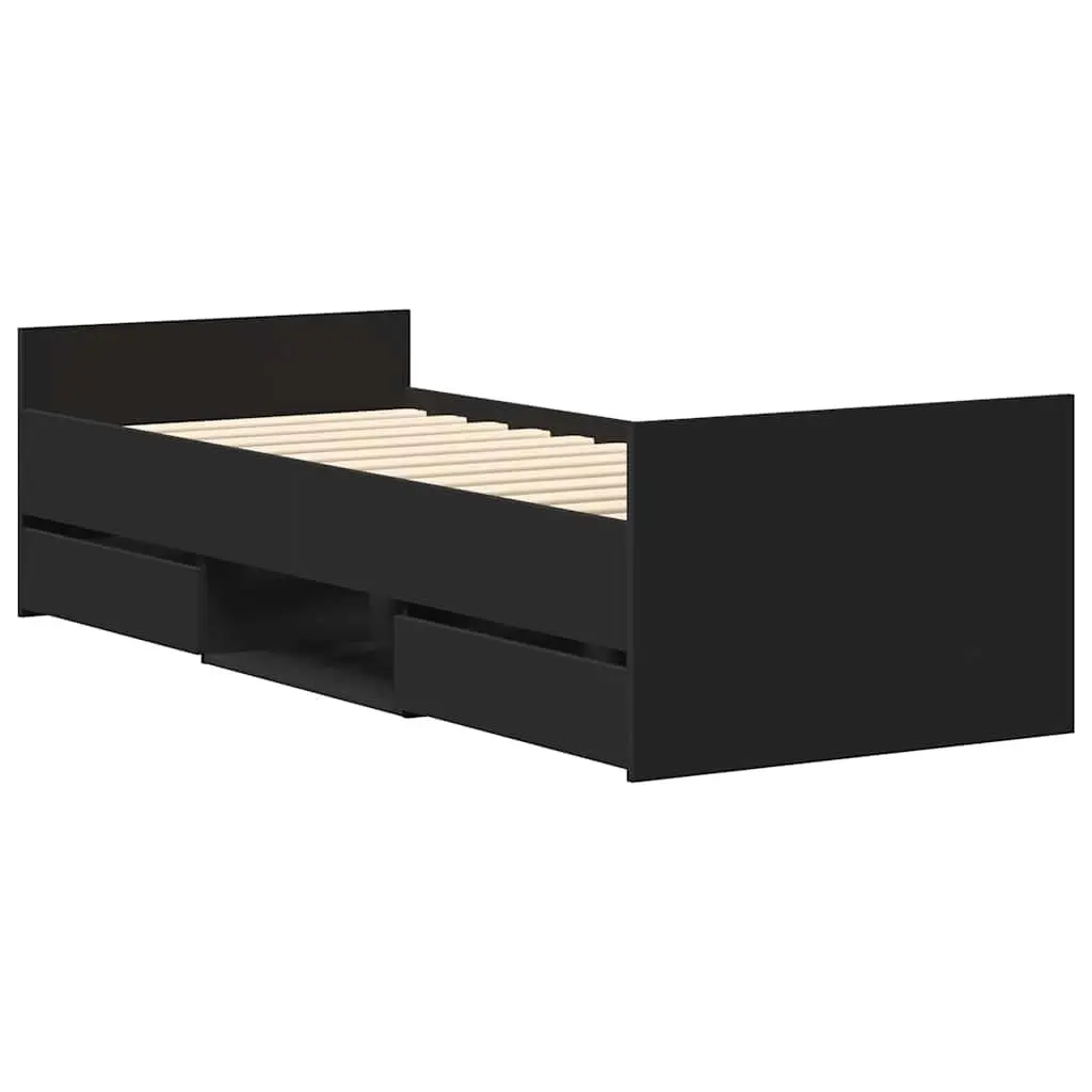 Bed Frame 90x190 cm Black with Drawers Storage Headboard Footboard Slats