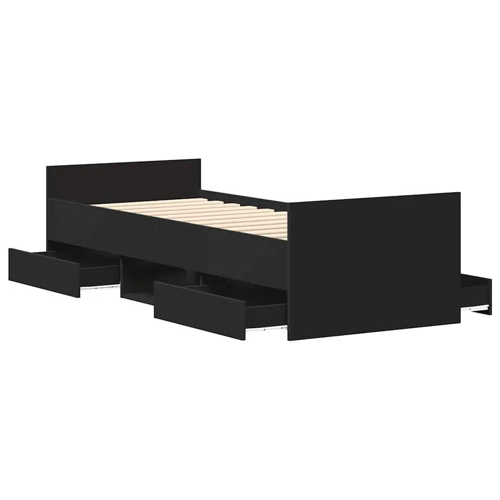 Bed Frame 90x190 cm Black with Drawers Storage Headboard Footboard Slats