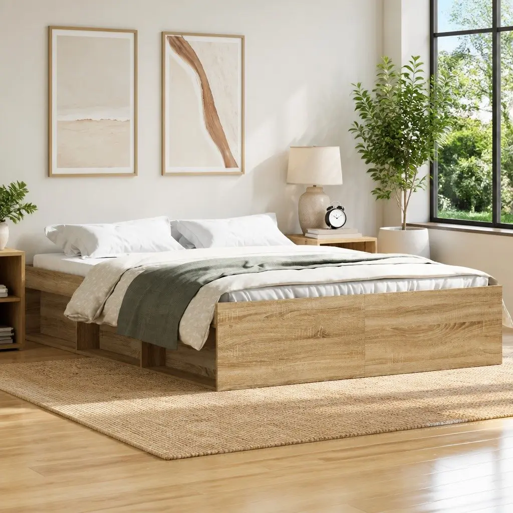 Bed Frame Storage Compartments Queen Size Brown Wooden