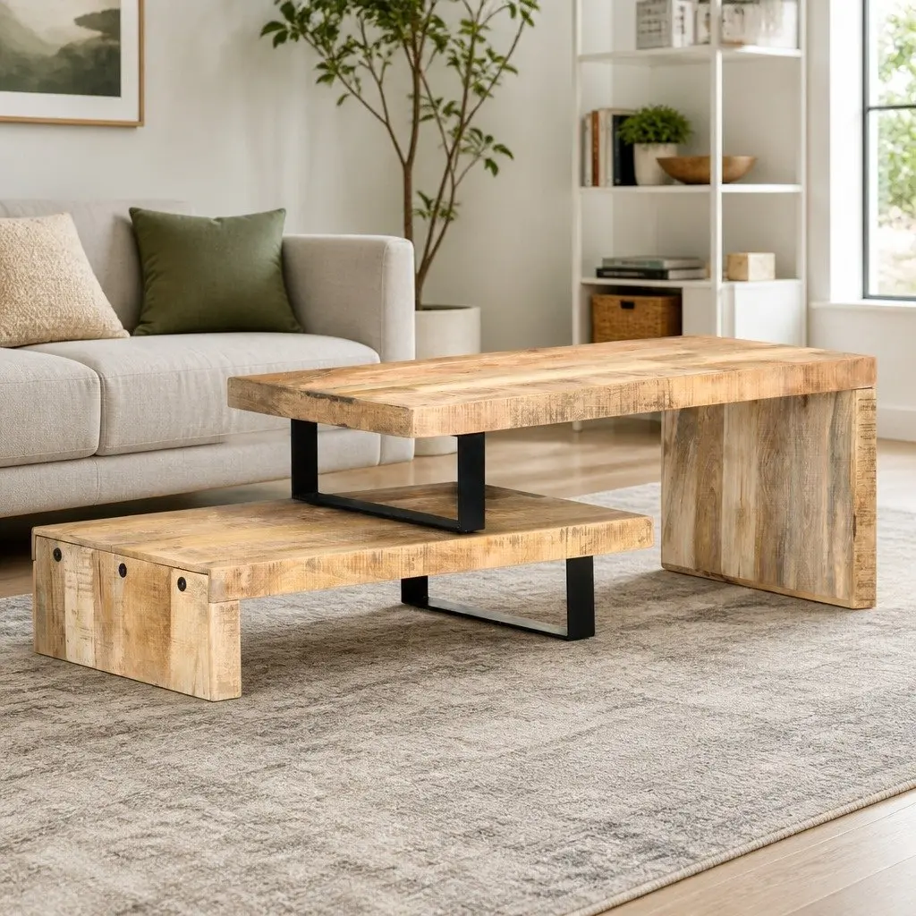 2 Piece Coffee Table Set Solid Mango Wood Brown with Storage Shelf