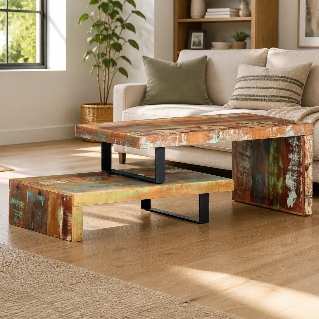 2 Piece Coffee Table Set Solid Reclaimed Wood Brown Upper and Lower Table Configuration with Storage Shelf