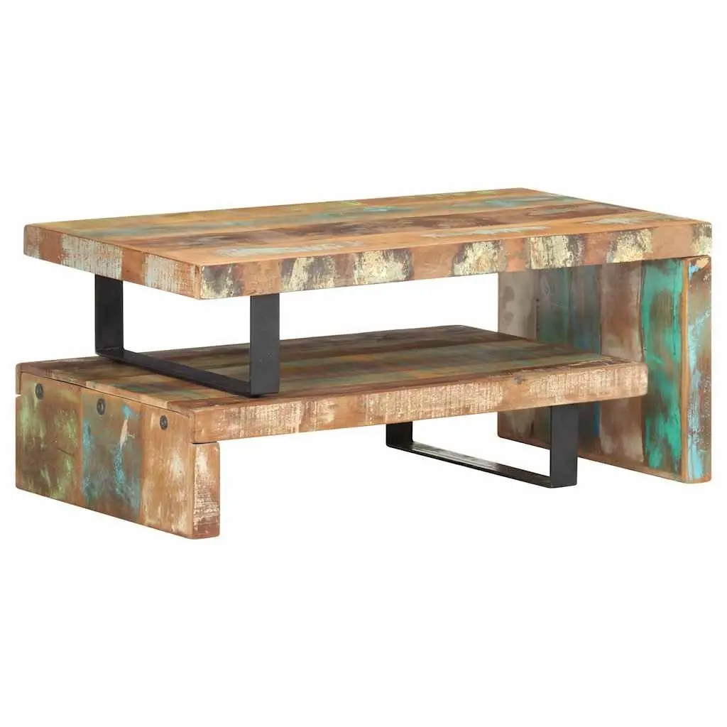 2 Piece Coffee Table Set Solid Reclaimed Wood Brown Upper and Lower Table Configuration with Storage Shelf