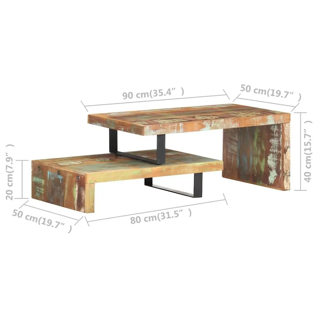 2 Piece Coffee Table Set Solid Reclaimed Wood Brown Upper and Lower Table Configuration with Storage Shelf