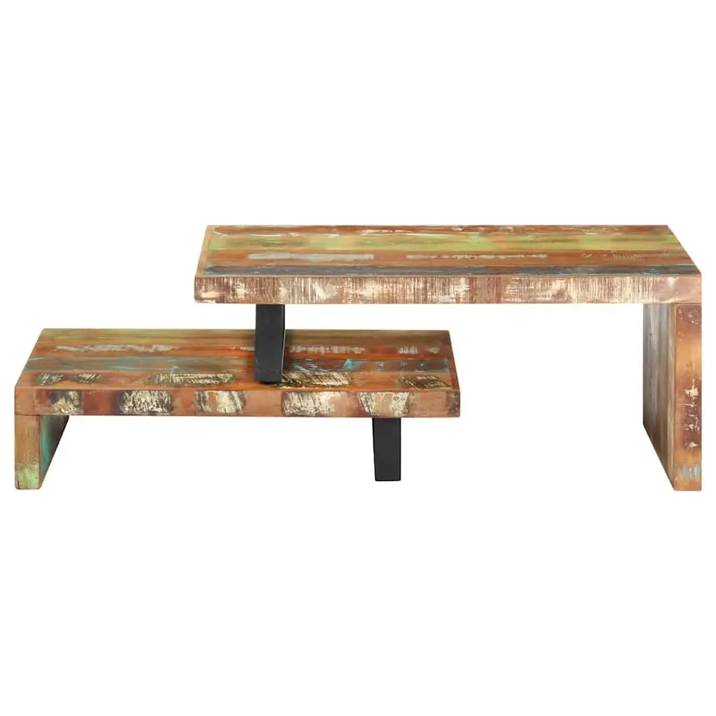 2 Piece Coffee Table Set Solid Reclaimed Wood Brown Upper and Lower Table Configuration with Storage Shelf