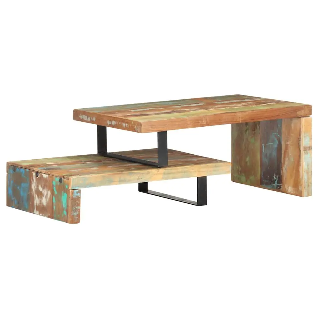 2 Piece Coffee Table Set Solid Reclaimed Wood Brown Upper and Lower Table Configuration with Storage Shelf