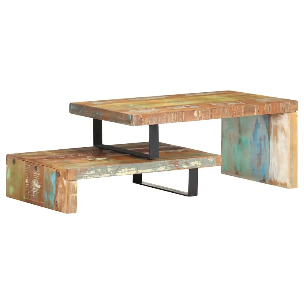 2 Piece Coffee Table Set Solid Reclaimed Wood Brown Upper and Lower Table Configuration with Storage Shelf