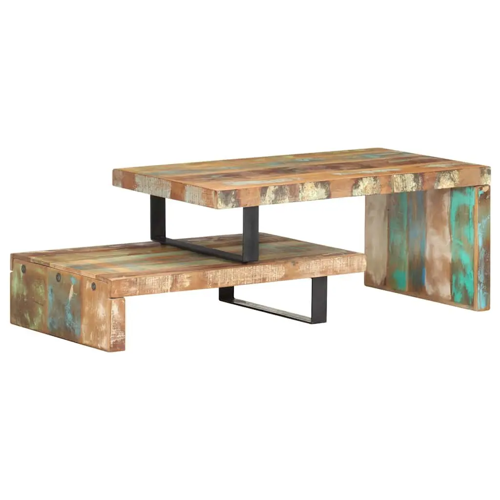 2 Piece Coffee Table Set Solid Reclaimed Wood Brown Upper and Lower Table Configuration with Storage Shelf