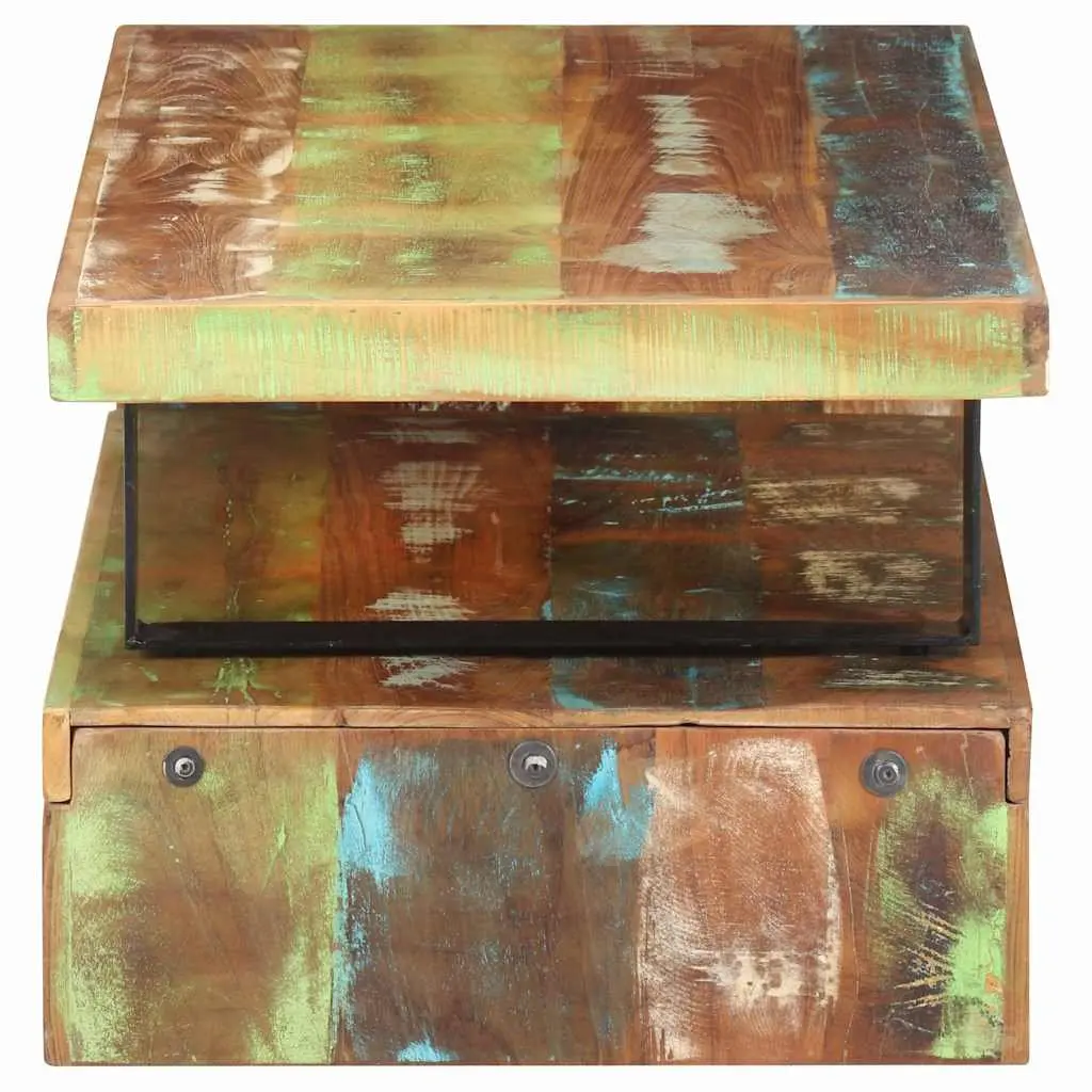 2 Piece Coffee Table Set Solid Reclaimed Wood Brown Upper and Lower Table Configuration with Storage Shelf