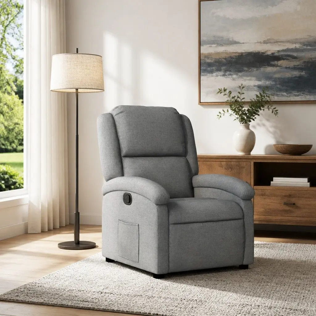 Recliner Chair Grey Fabric Manual Reclining Armchair 135 Degrees