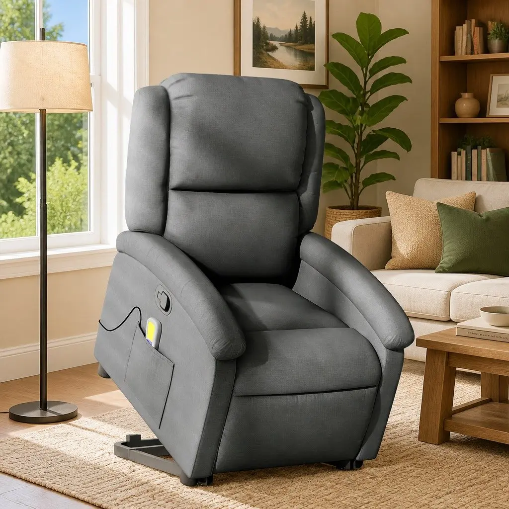 Stand Up Massage Recliner Chair Grey Fabric Electric Power Lift Armchair