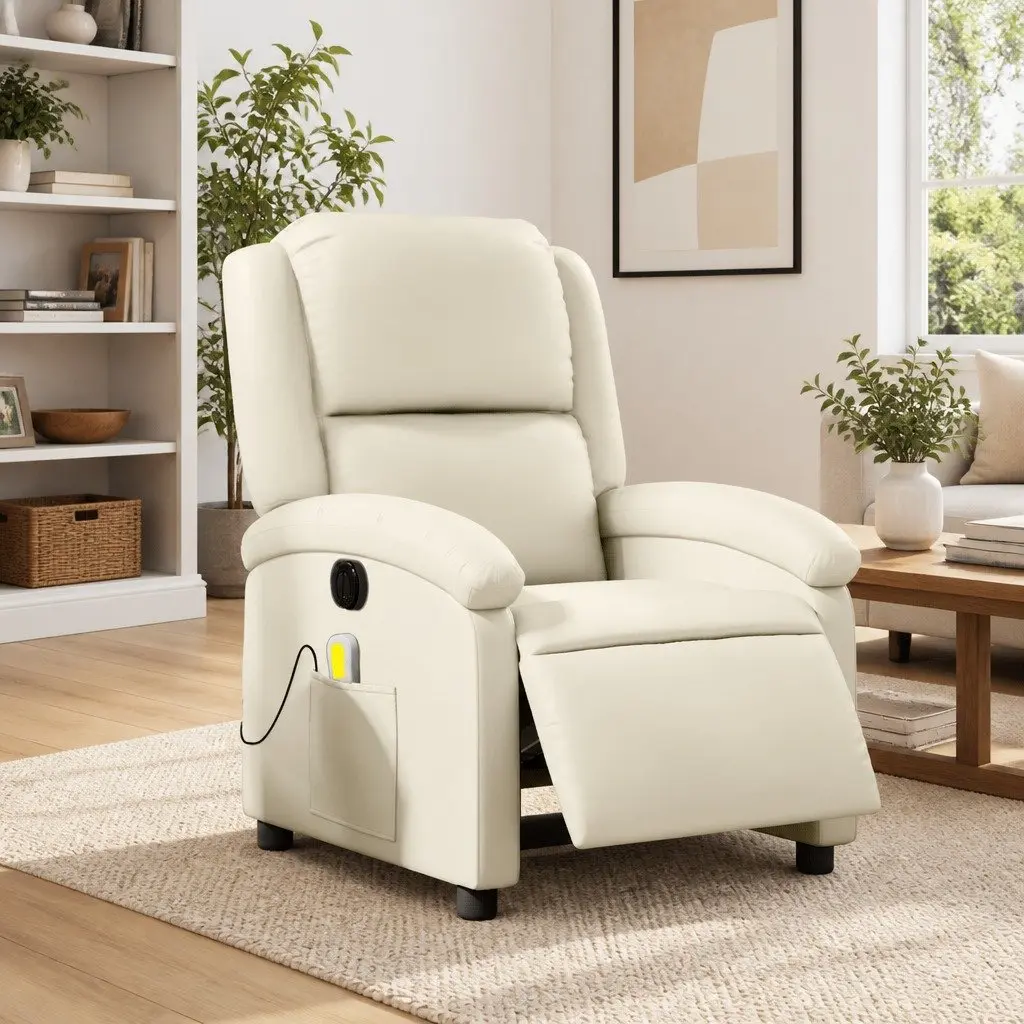 Electric Massage Recliner Chair Cream Faux Leather Adjustable Footrest 135 Degrees