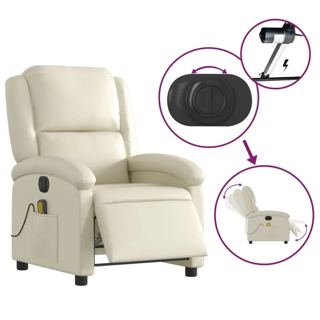 Electric Massage Recliner Chair Cream Faux Leather Adjustable Footrest 135 Degrees