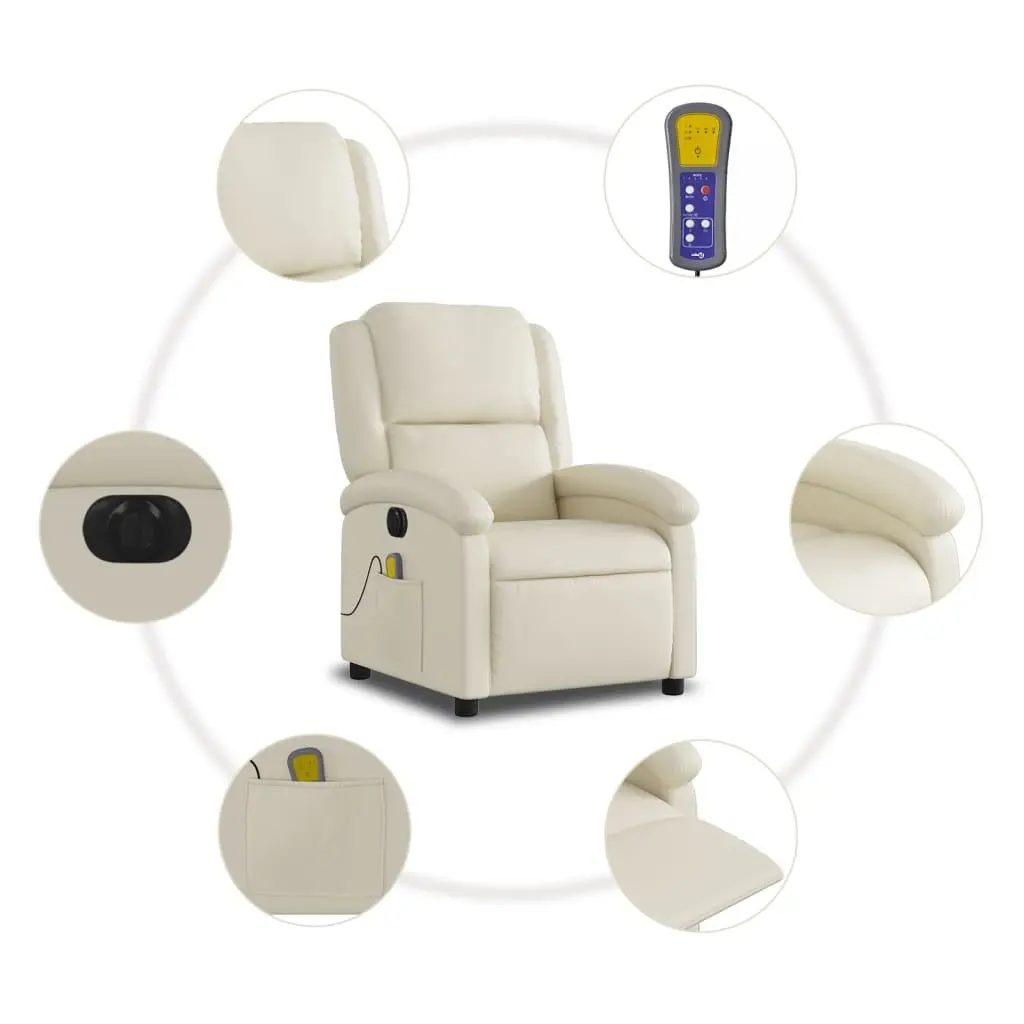 Electric Massage Recliner Chair Cream Faux Leather Adjustable Footrest 135 Degrees