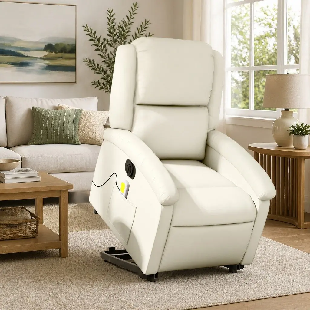 Electric Massage Recliner Chair Cream Faux Leather Power Lift Adjustable Backrest