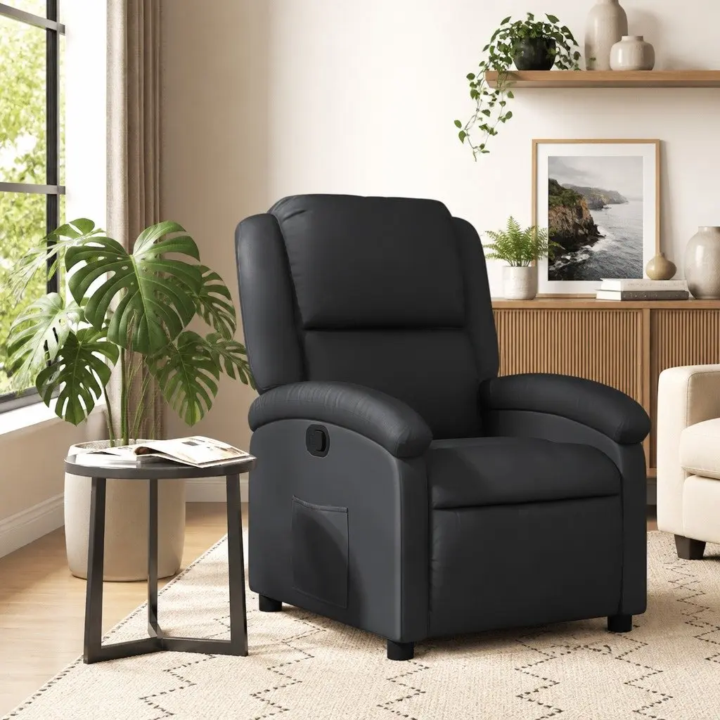 Recliner Chair Black Real Leather Manual Reclining Armchair Lounge Seat