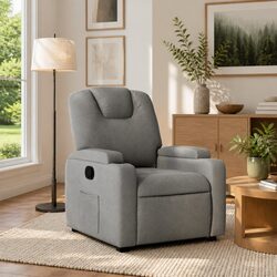 Recliner Chair Grey Fabric Manual Recline Armchair Cup Holders Side Pocket