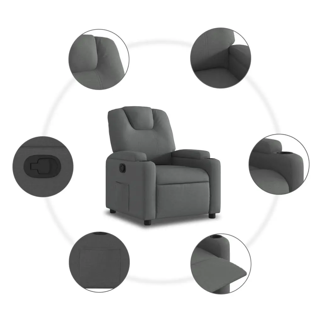 Recliner Chair Grey Fabric Manual Recline Adjustable Backrest Cup Holders Side Pocket