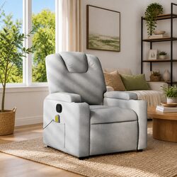 Massage Recliner Chair Light Grey Fabric Manual Recline Vibration Armchair