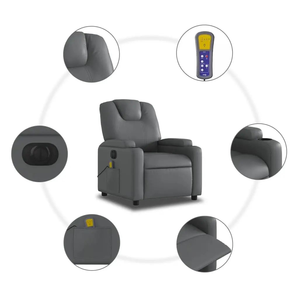 Electric Massage Recliner Chair Grey Faux Leather 135 Degrees