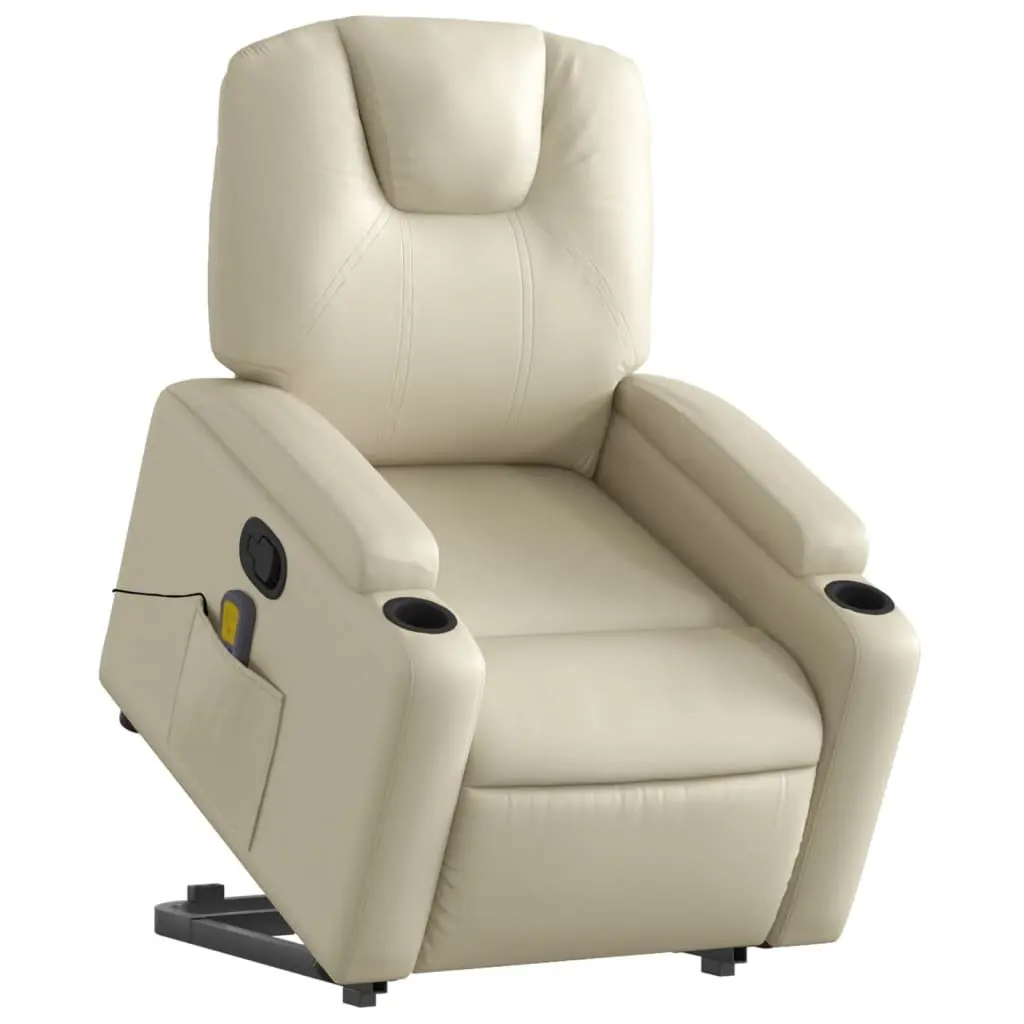 Stand Up Massage Recliner Chair Power Lift Manual Recline Vibration Faux Leather Cream
