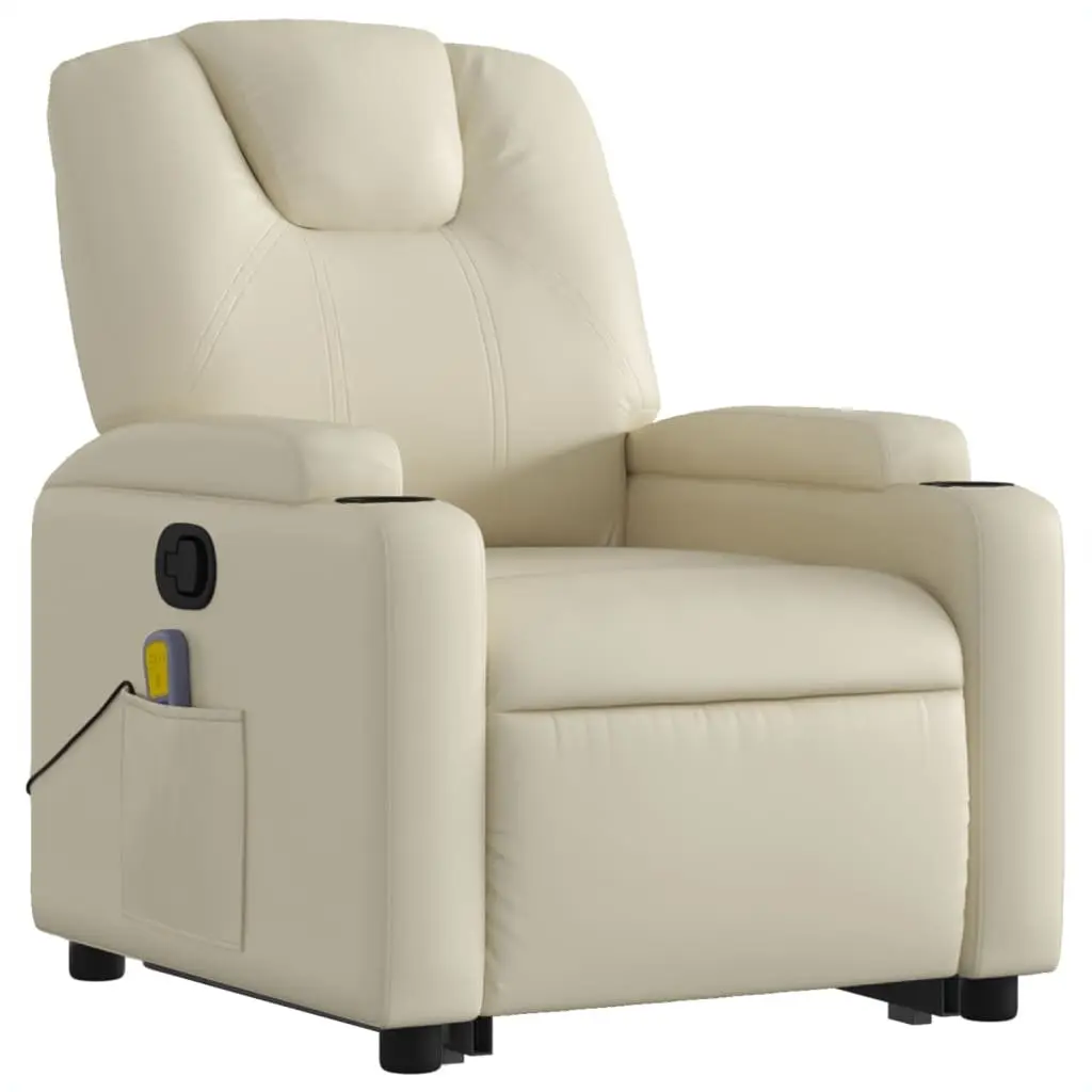 Stand Up Massage Recliner Chair Power Lift Manual Recline Vibration Faux Leather Cream