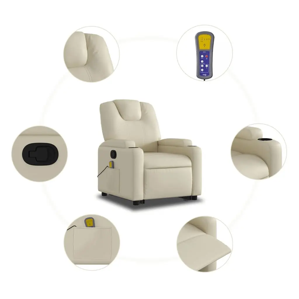 Stand Up Massage Recliner Chair Power Lift Manual Recline Vibration Faux Leather Cream
