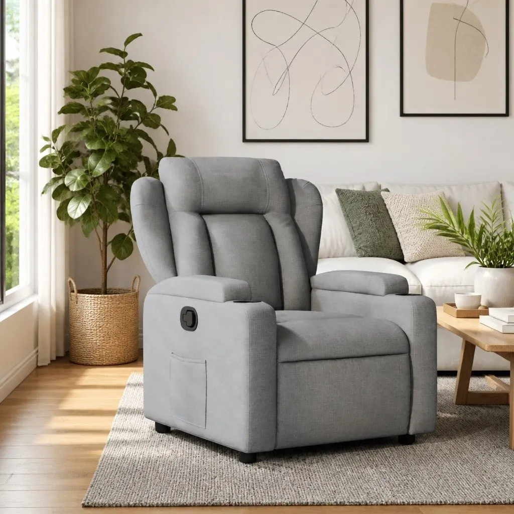 Recliner Chair Manual Reclining Armchair Light Grey Thickly Padded Seat Cup Holders Side Pocket