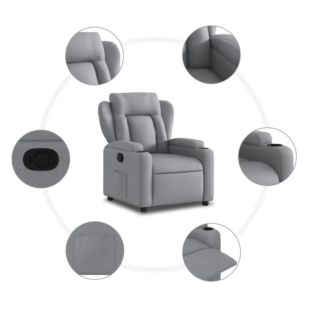Recliner Chair Manual Reclining Armchair Light Grey Thickly Padded Seat Cup Holders Side Pocket