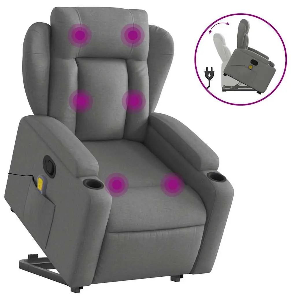 Stand Up Massage Recliner Chair Grey Fabric Power Lift Manual Recline Armchair