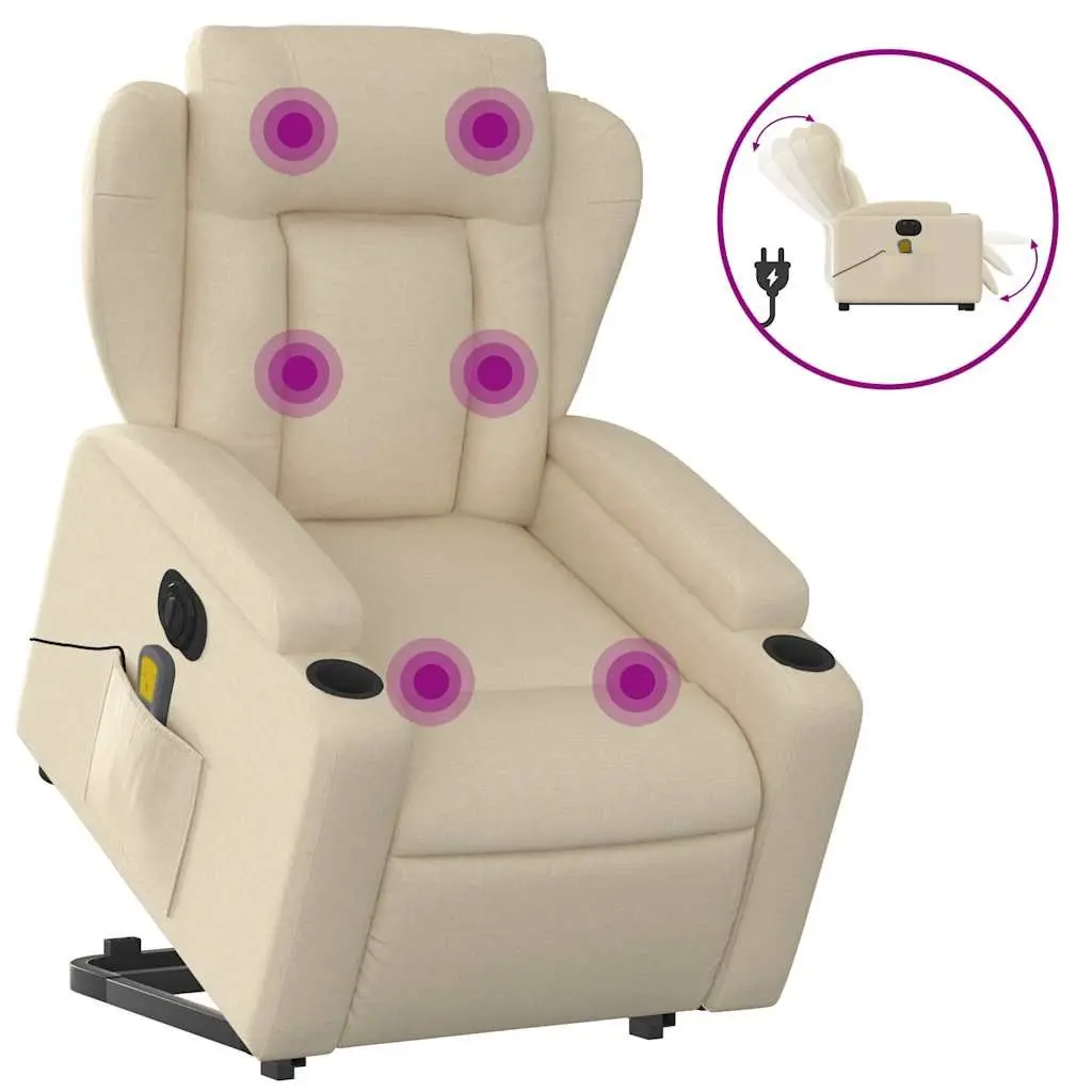 Electric Stand Up Massage Recliner Chair Cream Fabric Lift Recline Armchair