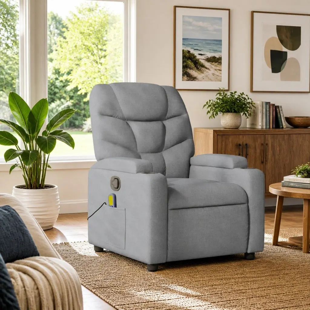 Massage Recliner Chair Manual Adjustable Footrest Grey Fabric Vibration Armchair