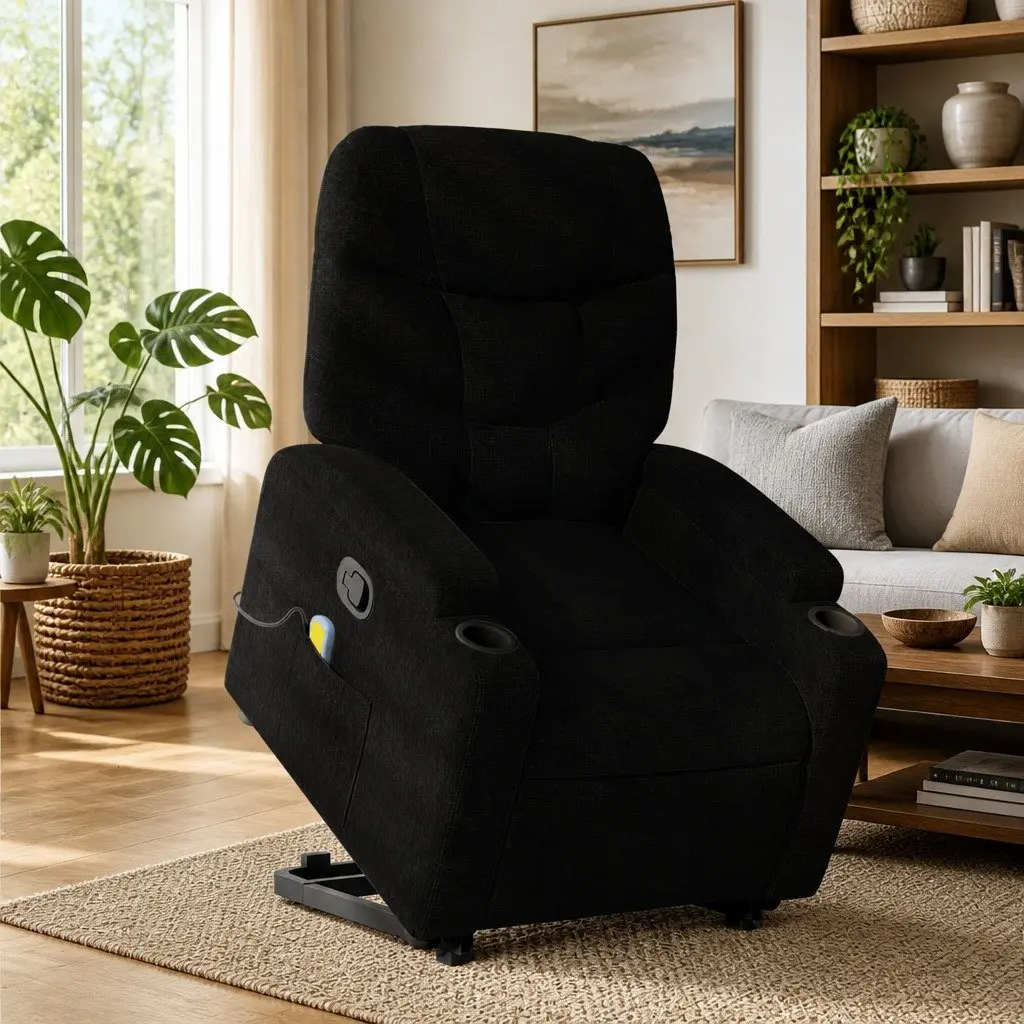 Electric Recliner Chair with Power Lift Function Black Fabric for Easy Mobility and Relaxation