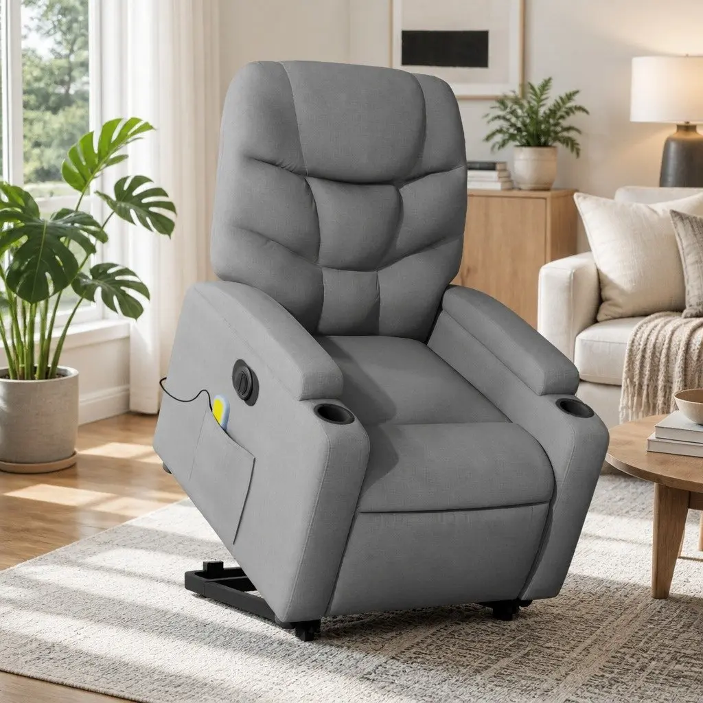 Electric Massage Chair Power Lift Recliner Grey Fabric 135 Degrees